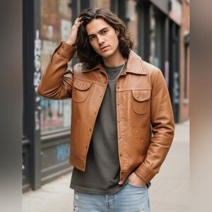 Vintage 70s Style Leather Trucker Jacket EUC Great Unisex Fit.